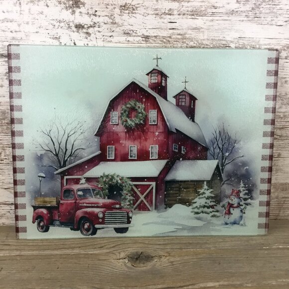 Red Truck Christmas on the Farm Glass Cutting Board 8" x 11.25" - Picture 2 of 8